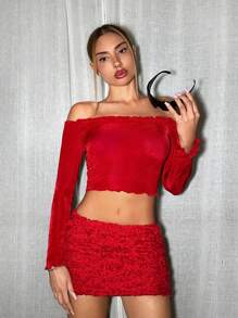 SHEIN ICON Camiseta Off Shoulder De Mujer Con Manga Larga Y Dobladillo De Volante Rojo Estilo Y2k - Rojo - Ver 5