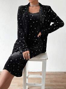 SHEIN Clasi 女款星星印花西裝外套和吊帶連衣裙套裝 - 黑色 - 查看 5