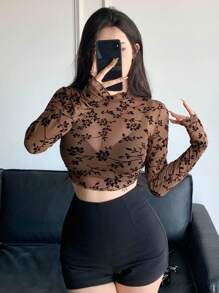 DAZY 女式植绒网眼透视花卉印花上衣 外出上衣 长袖女式上衣 短款女式上衣 - 卡其色 - 查看 4