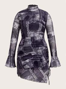 SHEIN ICON Plus Size Women's Full Printed Bell Sleeve Dress - Purple - View 1