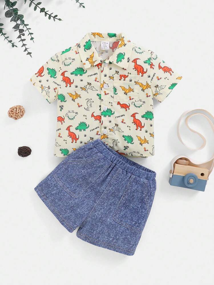 Unisex Baby Cute Dinosaur Pattern Short Sleeve Shirt And Denim Shorts Set