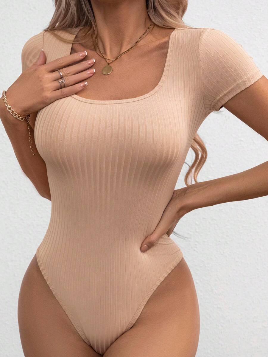 SHEIN PETITE Rib-Knit Scoop Neck Summer Women Bodysuit - Apricot - View 1