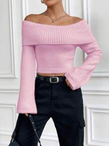 Flirla Women Sweaters Rib-Knit Plain Casual - Berwarna merah muda - View 5