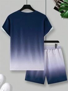 Manfinity Homme Men's Gradient Letter Print Short Sleeve T-Shirt And Shorts Two Piece Set, Cozy Outfits