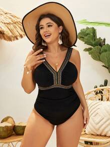 SHEIN Swim Curve Kích thước lớn Của phụ nữ Dệt Dây đeo Vá lại Áo tắm một mảnh - màu đen - Xem 4