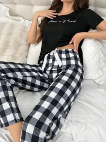 Letter Print T-Shirt & Plaid Pants Pajama Set - Black - View 1