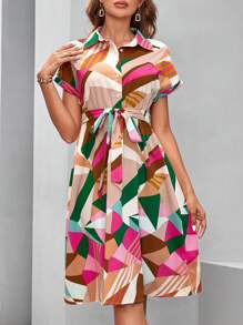 SHEIN Clasi Women's Color Block Geometric Printed Belted Dress For Spring,Summer