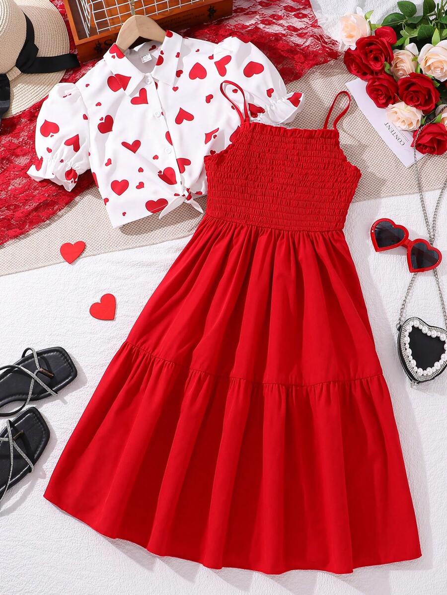 初中女孩心形印花泡泡短袖上衣和肩帶連衣裙套裝 - 紅色 - 查看 1