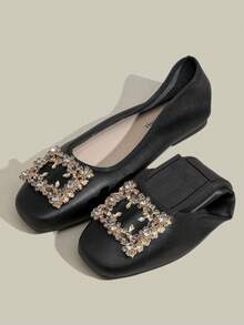 Women's Flat Slip-On Shoes With Rhinestone Square Buckle, Soft Soles And Low Vamp - Black - View 1