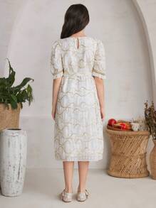 SHEIN 女孩刺繡泡泡袖連身裙 - 米色 - 查看 8