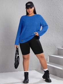 SHEIN EZwear 大码圆领长袖 T 恤 - 寶藍色 - 查看 3