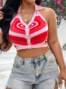 SHEIN Unity Plus Size Women's Heart Pattern Halterneck Knitted Top - Multicolor - View 4