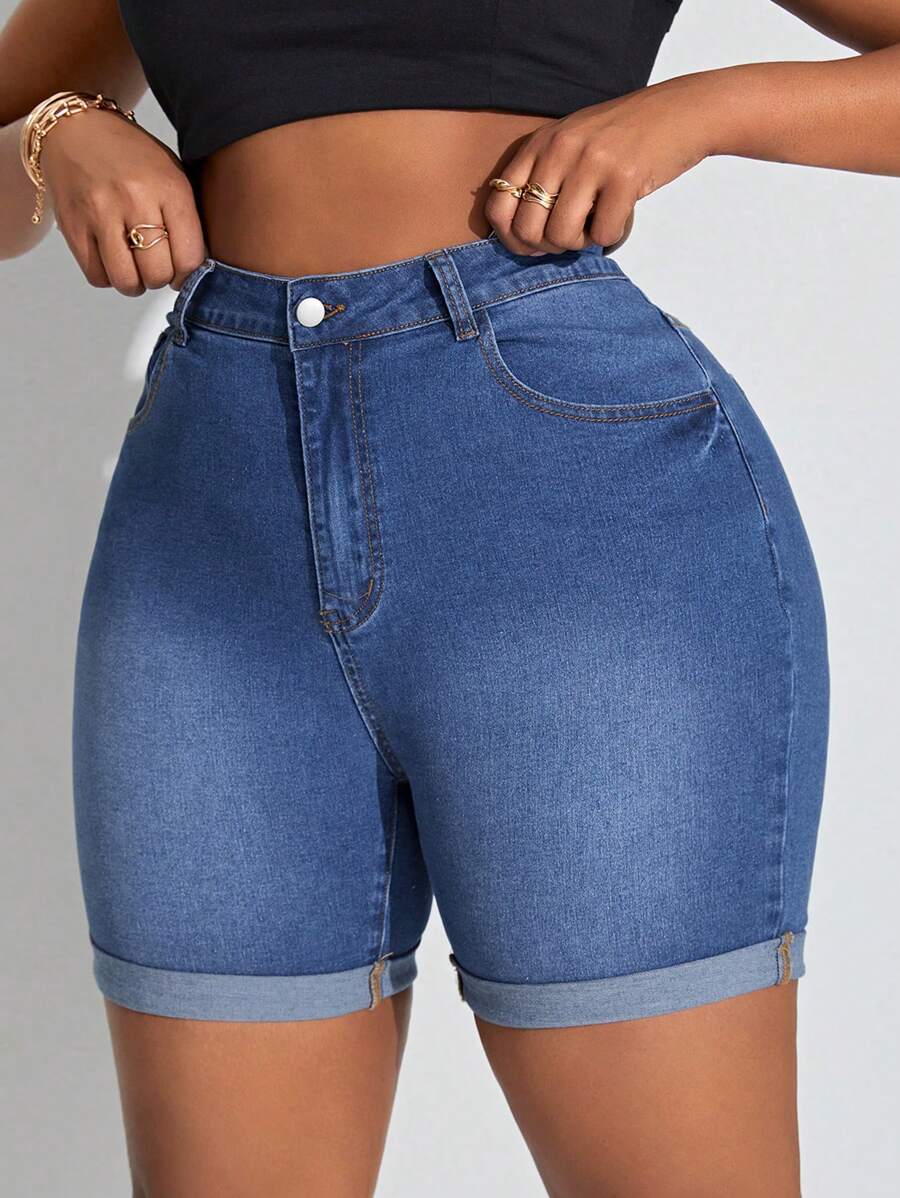 SHEIN SXY Kích thước lớn Co giãn Gầy Quần short Denim - Màu xanh lam - Xem 1