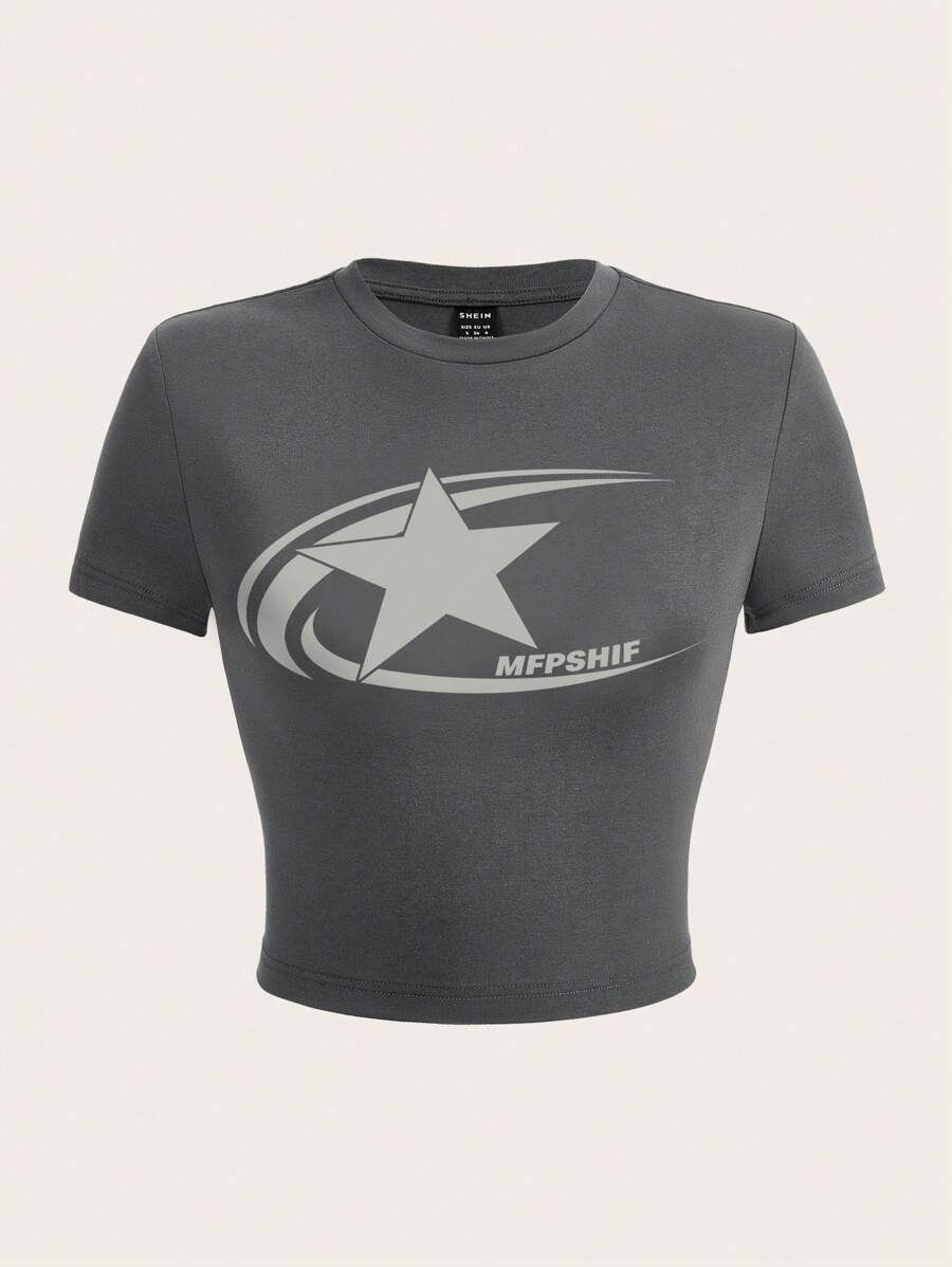 SHEIN EZwear 星星印花圆领短袖修身女式T恤，适合夏季 - 深灰色 - 查看 1