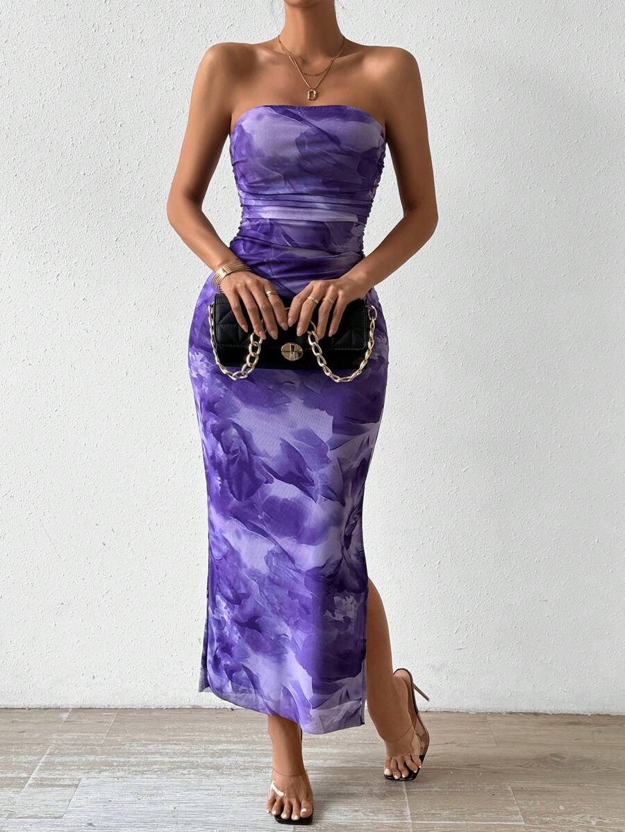 Rafferiza Women's Floral Print Side Slit Bandeau Dress Maxi Women Outfit - Purple - View 1