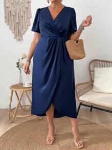 EMERY ROSE Plus Size Puff Short Sleeve Wrap Dress Maxi Women Outfit