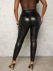 Slaydiva 正面拉鍊 Pu 皮革拼接緊身褲 - 黑色 - 查看 4