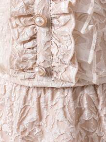 SHEIN Young Girl Ruffle Hem Flower Jacquard Top With Button Decoration And Skirt Two Piece Set - Beige - View 4