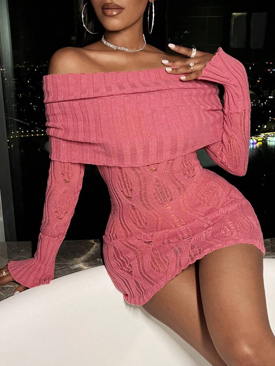 Zolique Women's Off Shoulder Long Sleeve Sweater Knit Pullover Fall Winter Outfit - Coral Pink - View 1