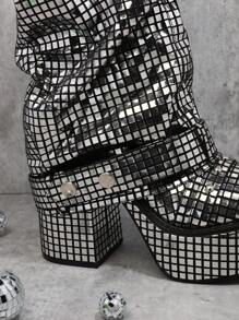 SHUZIA Botas de plataforma media altura con diseño elegante y brillos plateados para mujer, nuevos regalos para Año Nuevo, Día de los Enamorados, zapatos de verano para el Día de San Valentín