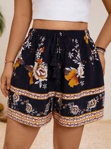 SHEIN VCAY 大码波西米亚风女式夏季度假海滩印花系带短裤 - 彩色 - 查看 3
