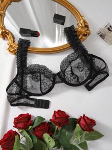 浪漫法式黑色蕾丝撞色文胸，饰以植物图案，中等弹力面料内衣 - 黑色 - 查看 7