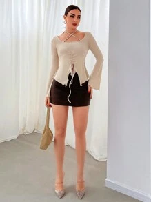 SHEIN Privé Camiseta De Mujer Con Tirantes Cruzados Con Cordón Y Cuello Halter