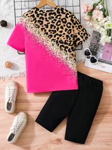 SHEIN Conjunto De Dos Piezas Para Niñas Preadolescentes De Top Y Shorts Con Estampado De Leopardo Y Parches