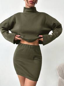 SHEIN Cottnline Turtleneck Ribbed Stripe Knit Long Sleeve Top + Mini Skirt Two Piece Set - Black - View 4