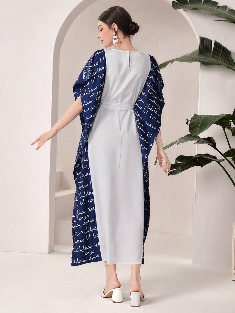 Letter Print Knot Design Round Neck Kaftan