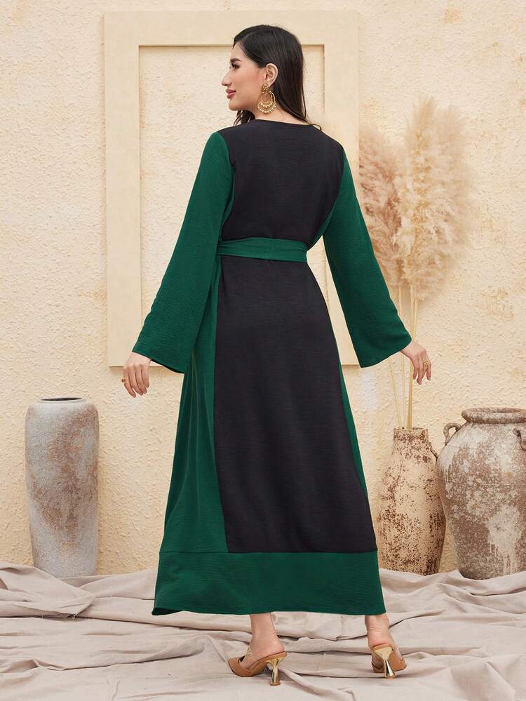 Women'S Embroidery Patchwork V-Neck Color Block Long Sleeve Dress