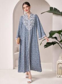 Al Najma Women's Floral Printed Long Sleeve Arabic Style Jalabiya Dress With Notch V-Neck - Multicolor - View 6