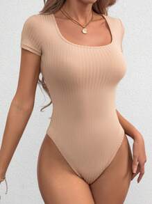SHEIN PETITE Rib-Knit Scoop Neck Summer Women Bodysuit - Apricot - View 6