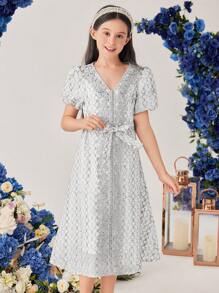 SHEIN Tween Girls' Patchwork Lace Trim Ribbon Puff Sleeve V-Neck Dress - Multicolor - View 3