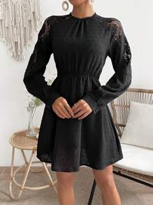 Chiquease Vestido De Manga Raglán Con Encaje Empalmado Para Mujer - Negro - Ver 1