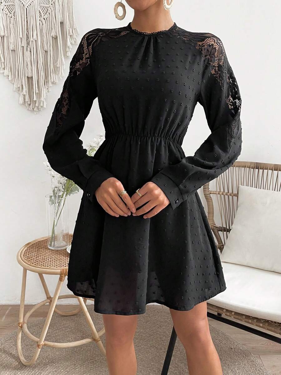Chiquease Vestido De Manga Raglán Con Encaje Empalmado Para Mujer - Negro - Ver 1
