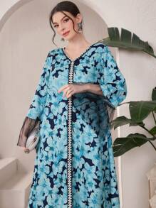 Al Najma Full Printed Mesh Contrast Flare Sleeve Arabian Dress With Floral Print - Multicolor - View 8
