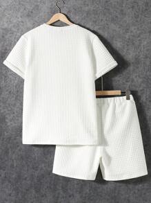 Manfinity T-shirt E Pantaloncini Casual Da Uomo A Maniche Corte Con Toppe Con Lettere E Tessuto Jacquard, Girocollo