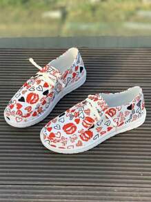 Autumn New Arrival Women's Casual Sports Shoes With Christmas Print & Strap & Round Toe, Lightweight And Fashionable Canvas Sneakers - Red - View 1