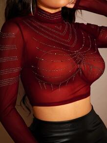 SHEIN SXY 網眼長袖短上衣,鑲有熱固性水晶的紋路 - 酒紅色 - 查看 1