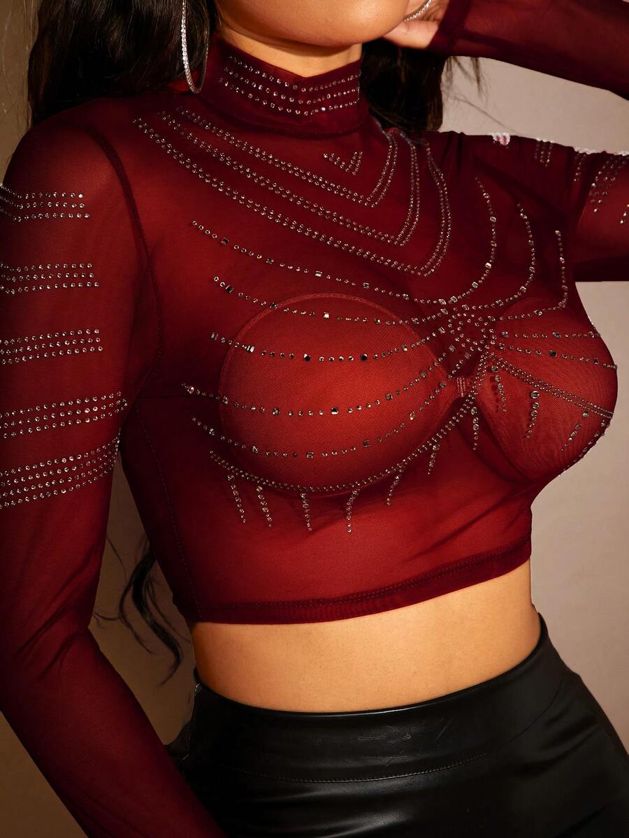 SHEIN SXY 網眼長袖短上衣,鑲有熱固性水晶的紋路 - 酒紅色 - 查看 1