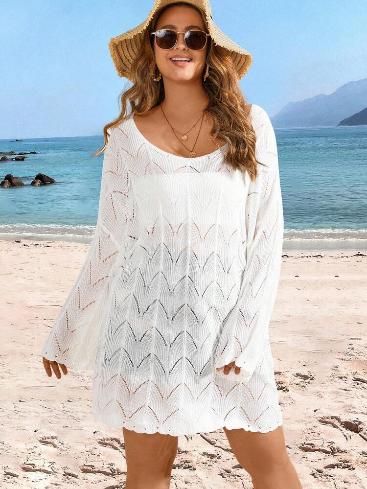 Plus Size Valentine's Day Solid Color Hollow Out Knit Sweater