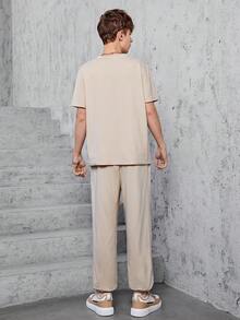 Teenage Boys' Letter Printed T-Shirt And Solid Color Pants Two Pieces Set - Apricot - View 2