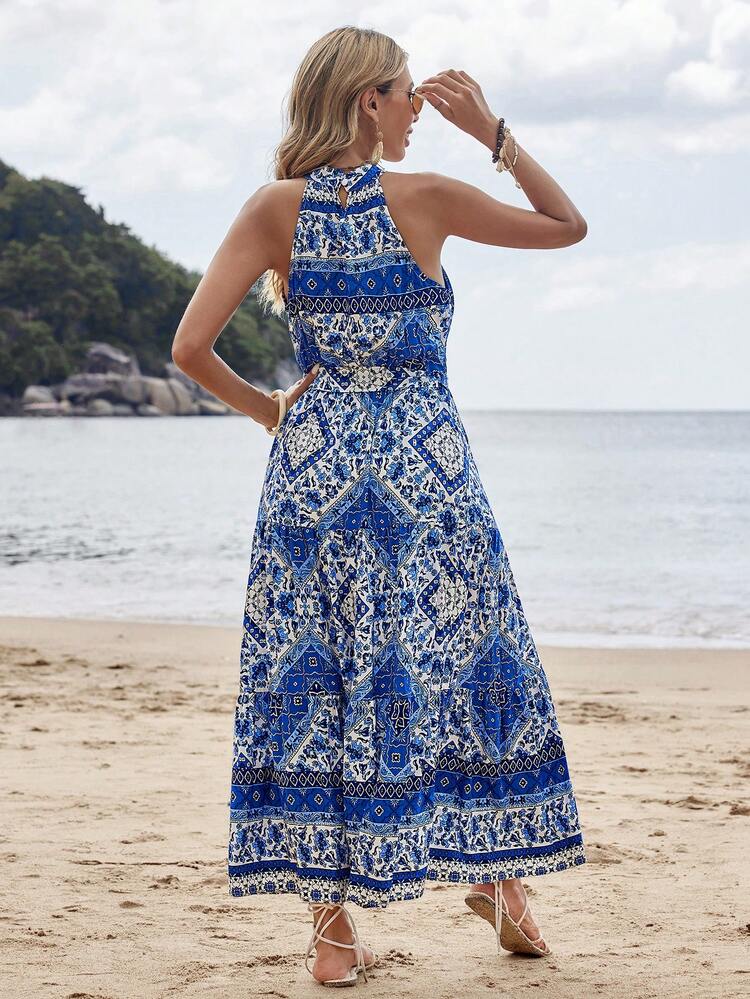 Women'S Printed Patchwork Halter Neck Dress
