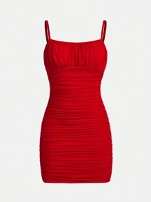 SHEIN Teen Girl Knitted Mesh Ruffle Casual Cami Dress - Red - View 3