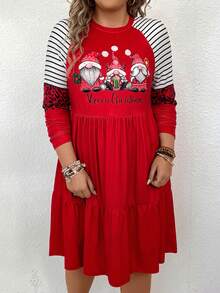 SHEIN LUNE Talla grande Vestido smock de rayas & con estampado de Navidad de manga raglán bajo con fruncido - Rojo - Ver 1