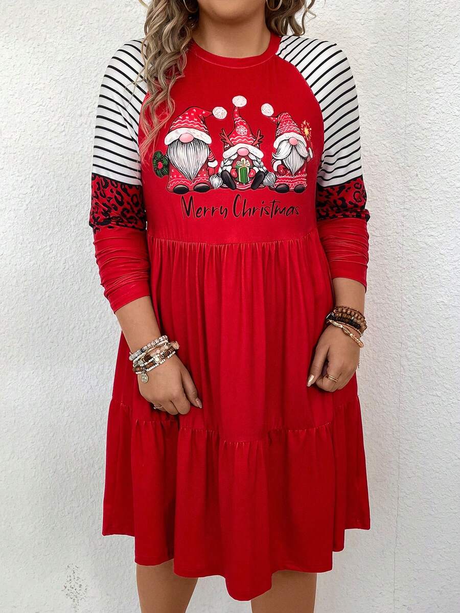 SHEIN LUNE Talla grande Vestido smock de rayas & con estampado de Navidad de manga raglán bajo con fruncido - Rojo - Ver 1