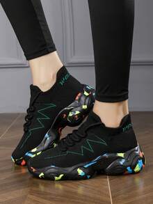 Women's New Style Thick Sole Knitted Lightweight Anti-Skid Durable Breathable Black Sneakers - Black - View 2