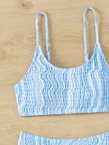 SHEIN Swim 女士花卉印花飘逸细肩带比基尼套装夏季海滩 - 藍白色 - 查看 4