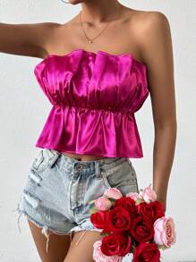 SHEIN Unity Màu thuần Xếp li Áo không dây - Màu Hồng Tươi - Xem 3